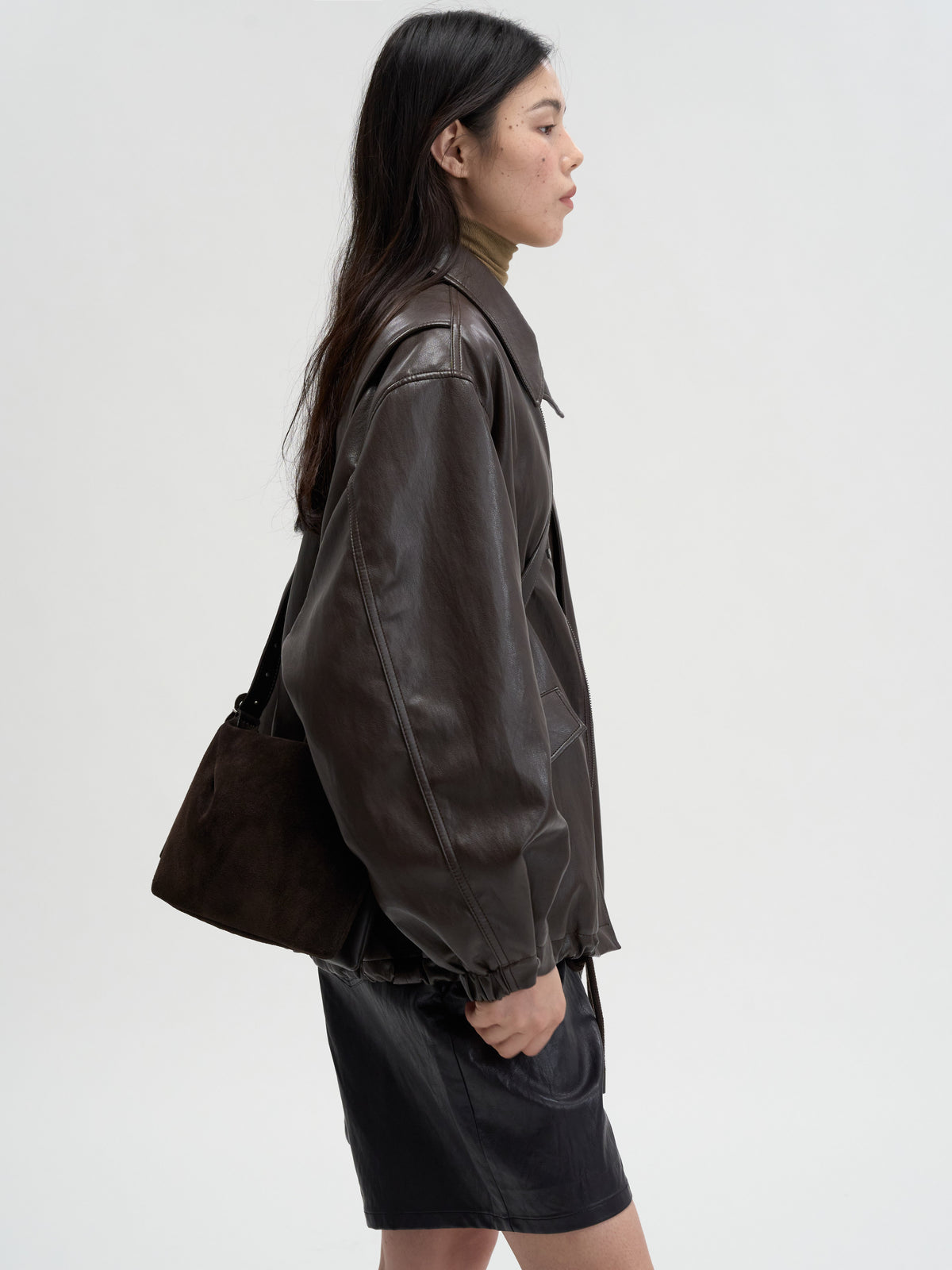 [MAGJAY]Soft Faux-Leather Blouson Jacket-BROWN