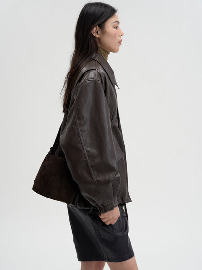 [MAGJAY]Soft Faux-Leather Blouson Jacket-BROWN