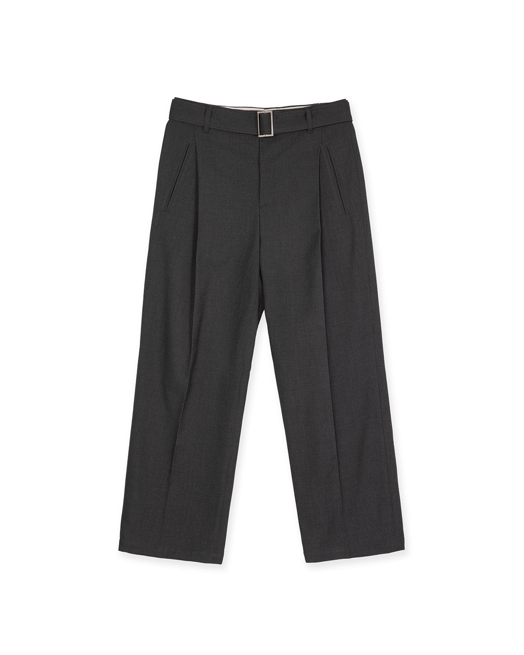 ASYMMETRIC PLEAT BELTED TROUSER -GREY