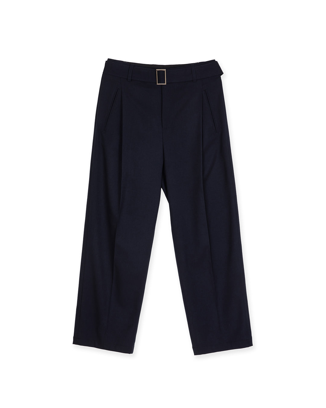 ASYMMETRIC PLEAT BELTED TROUSER -NAVY