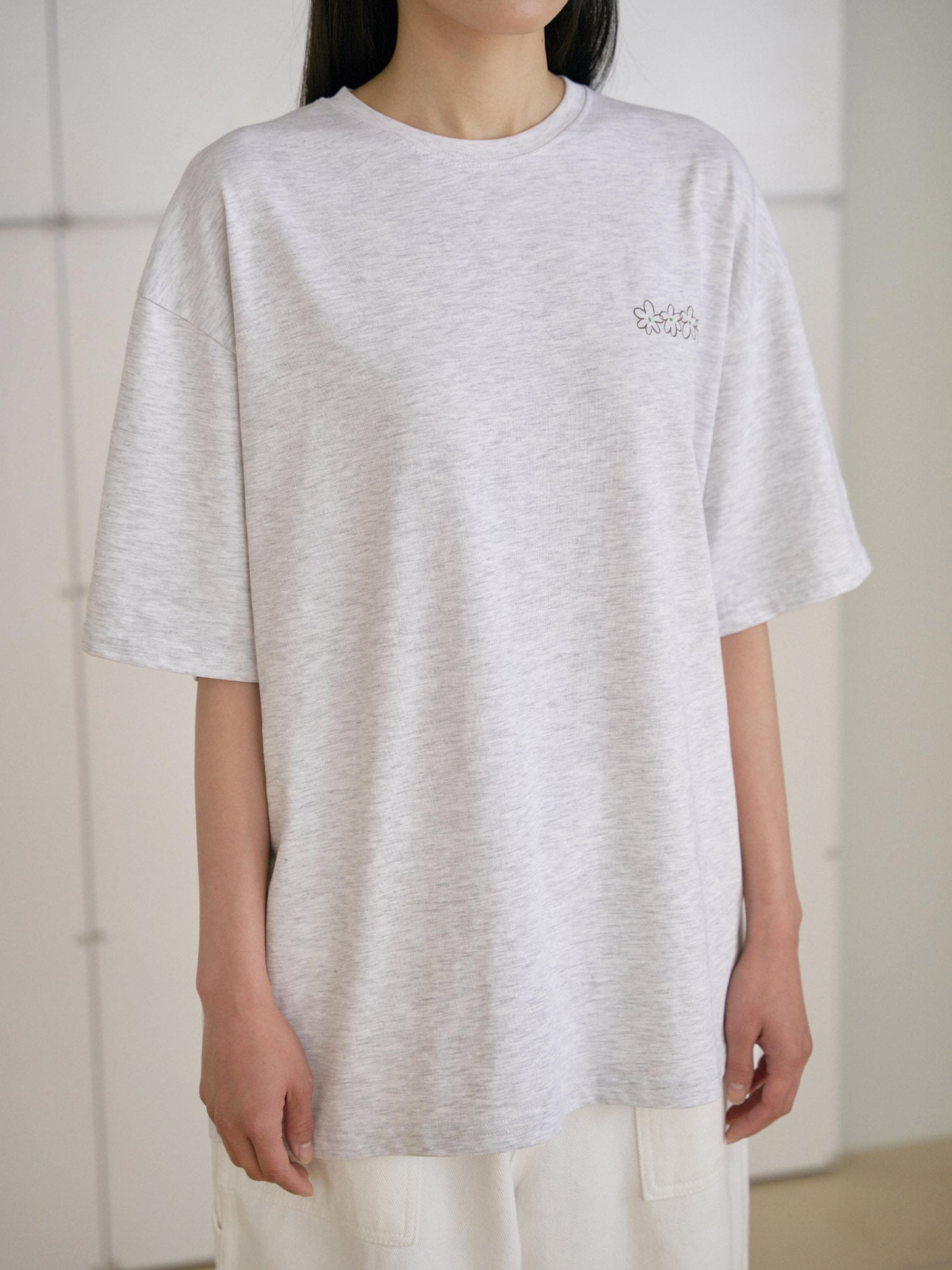 Flower Printing Short Sleeve - Light Gray