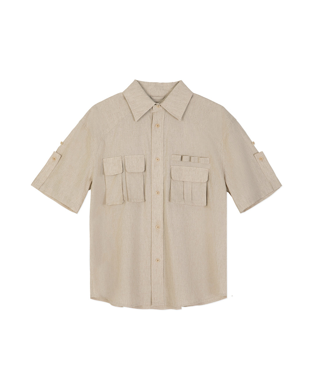 MULTI POCKET UTILITY HALF SLEEVE SHIRTS-OATMEAL 