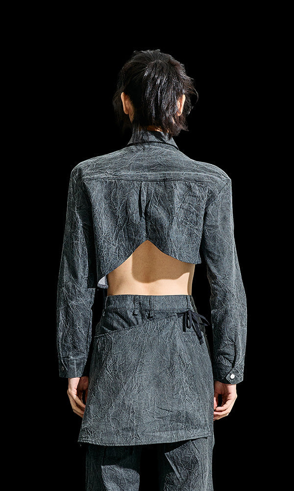 【Reculer レキュリー】Wrinkle R-crop shirts Charcoal