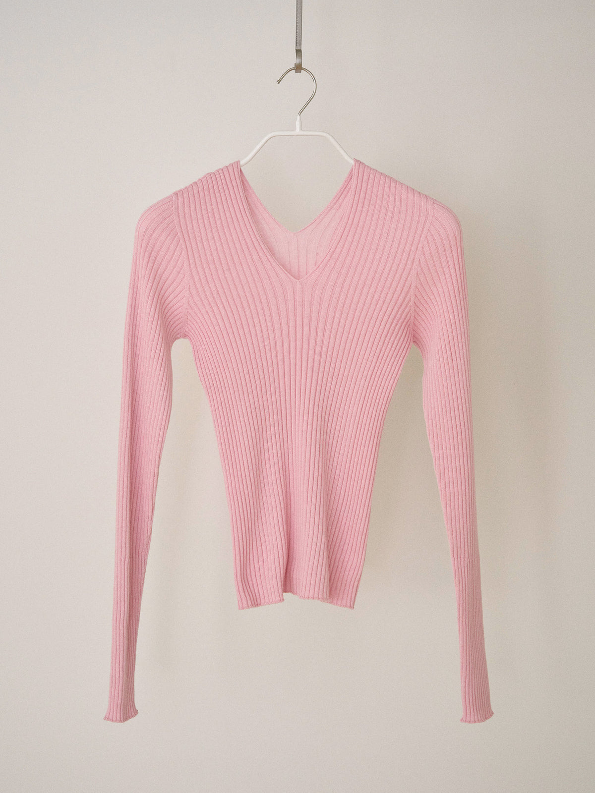 Double V-neck Rib Pullover - Pink 8