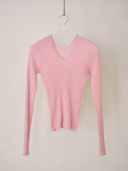 Double V-neck Rib Pullover - Pink 8