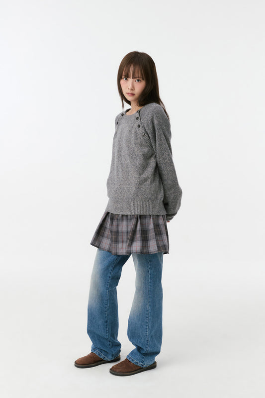 BUTTON DETAIL RAGLAN KNIT, GRAY