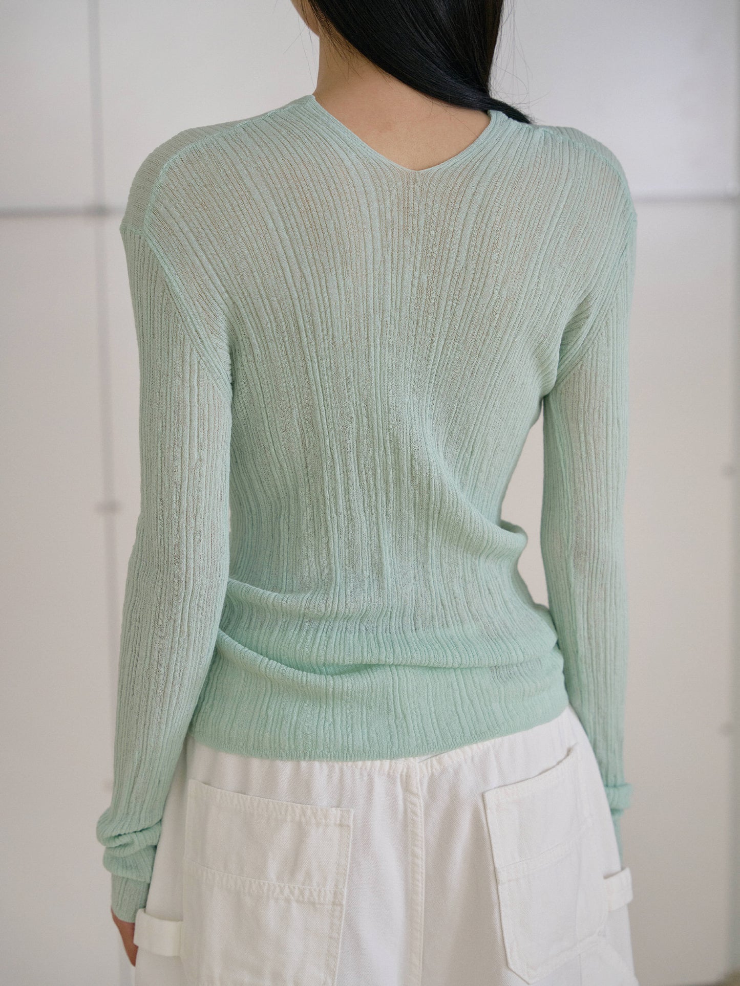 Multi Rib V-neck Pullover - Mint