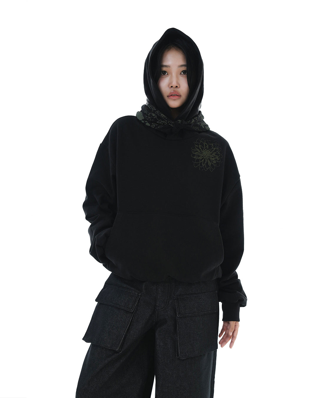 Distorted Flower Crop Hoodie_Black 