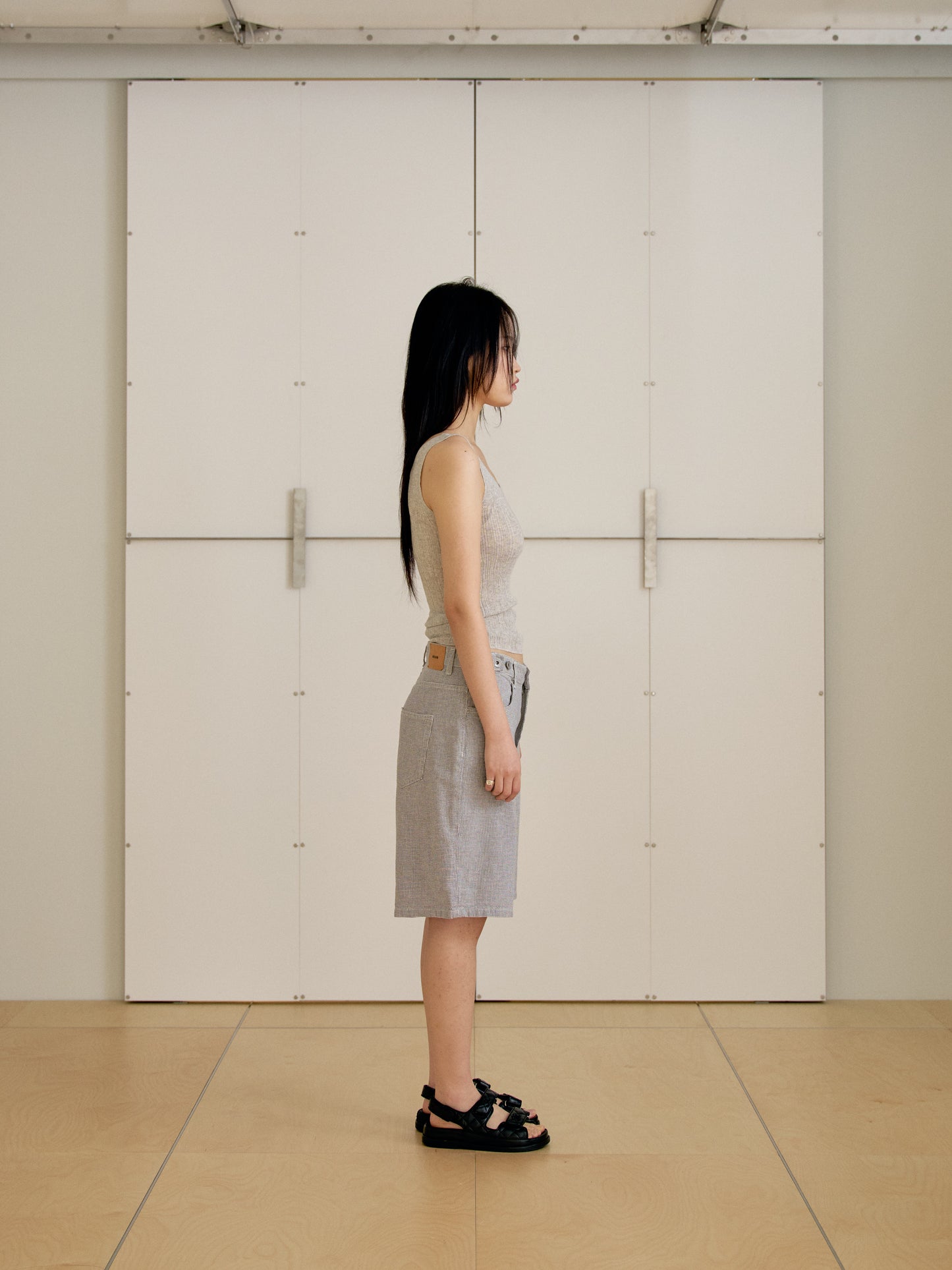 Linen Check Half Pants - Gray