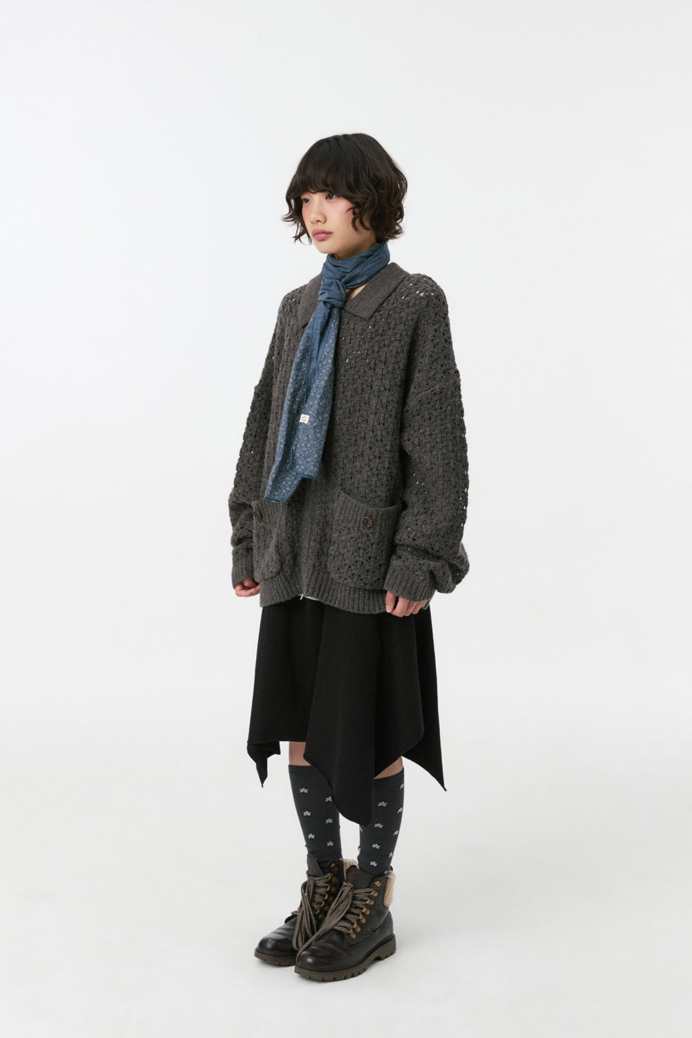 CROCHET KNIT ZIP-UP, CHARCOAL