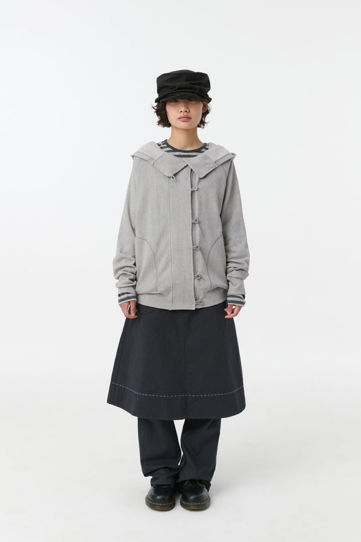 RAGLAN BUTTON HOODED ZIP-UP, GRAY