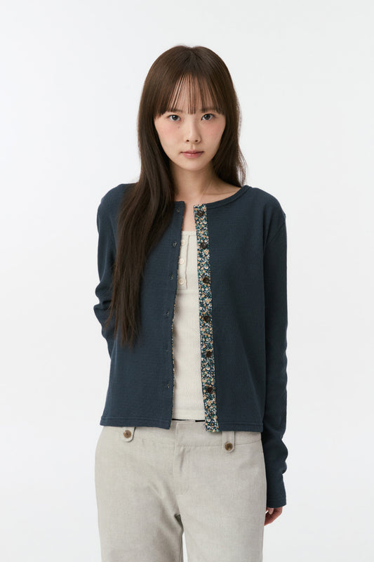 FLORAL COLOR BLOCK JERSEY CARDIGAN, NAVY