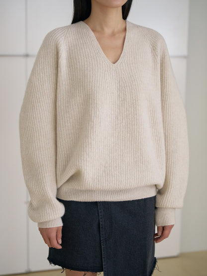 MARAN Wool V-neck Raglan Pullover - Oatmeal 商品画像14/21