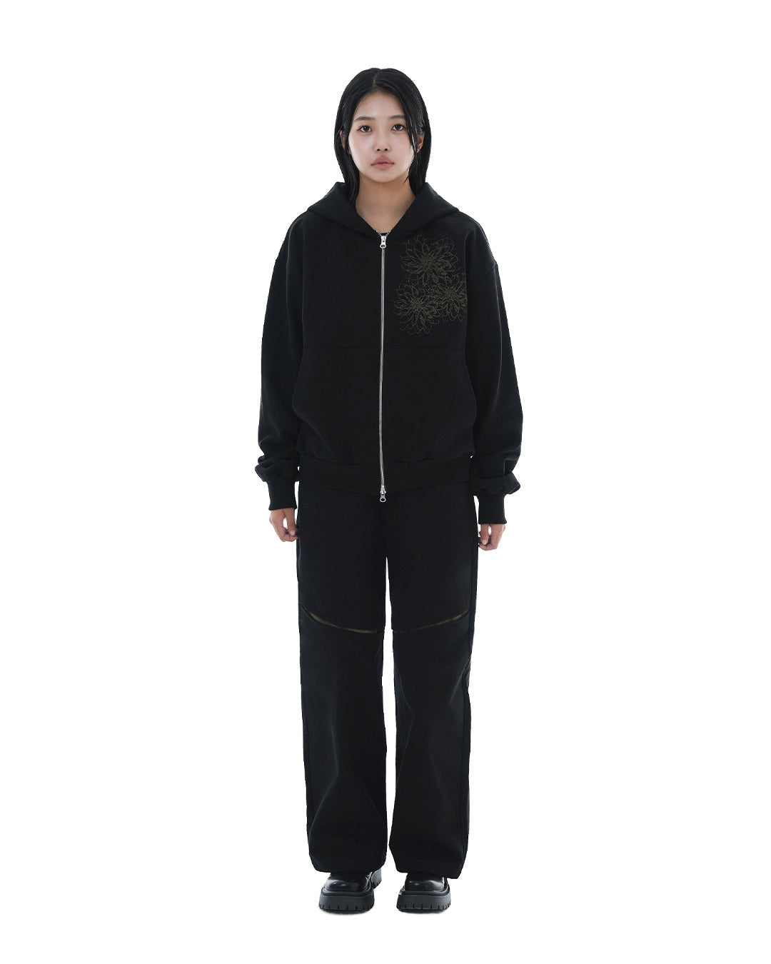 Trinity Flower Crop Hoodie Zip-up_Black 