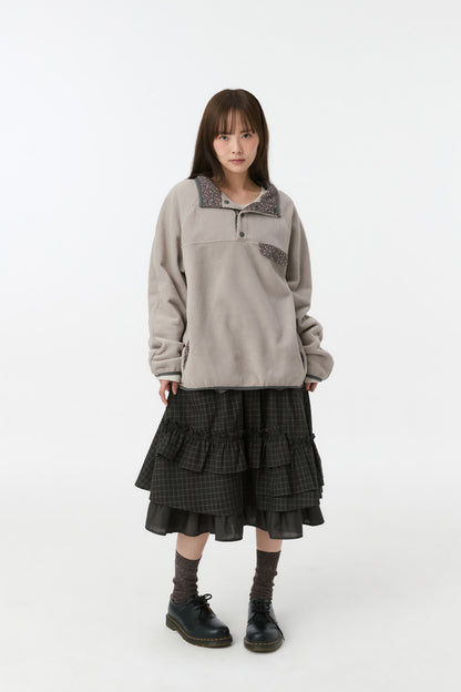 FLORAL CONTRAST FLEECE PULLOVER, GRAY