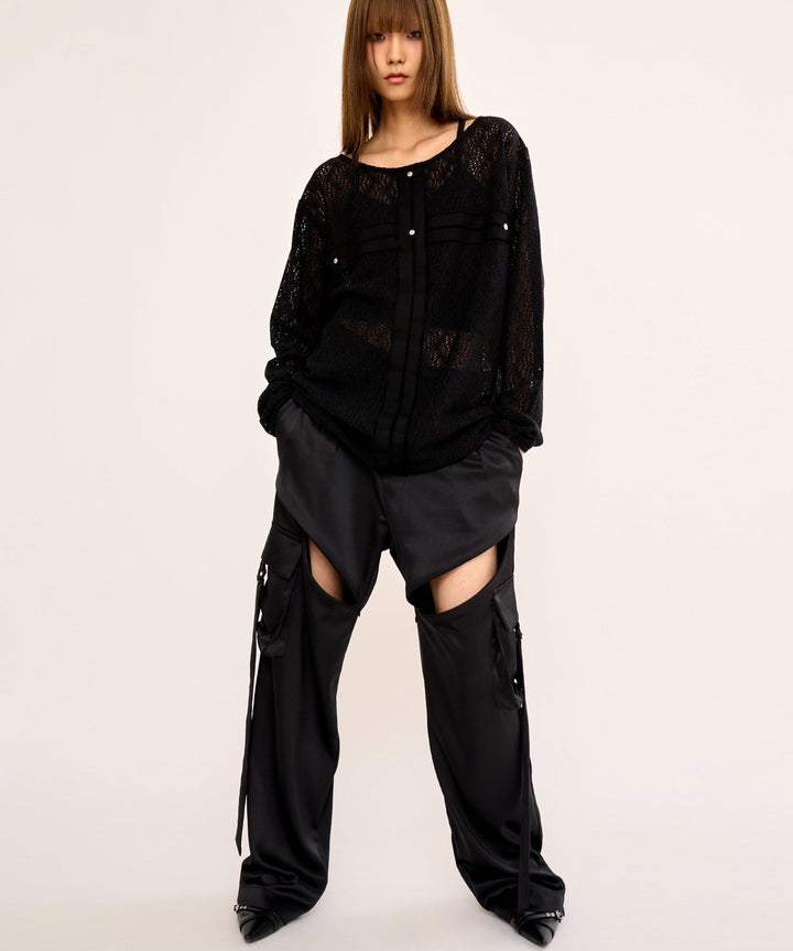 Satin Zipslit Wide Cargo Pants
