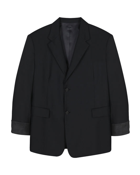Leather Reveal Sleeve Wool Blazer_Black