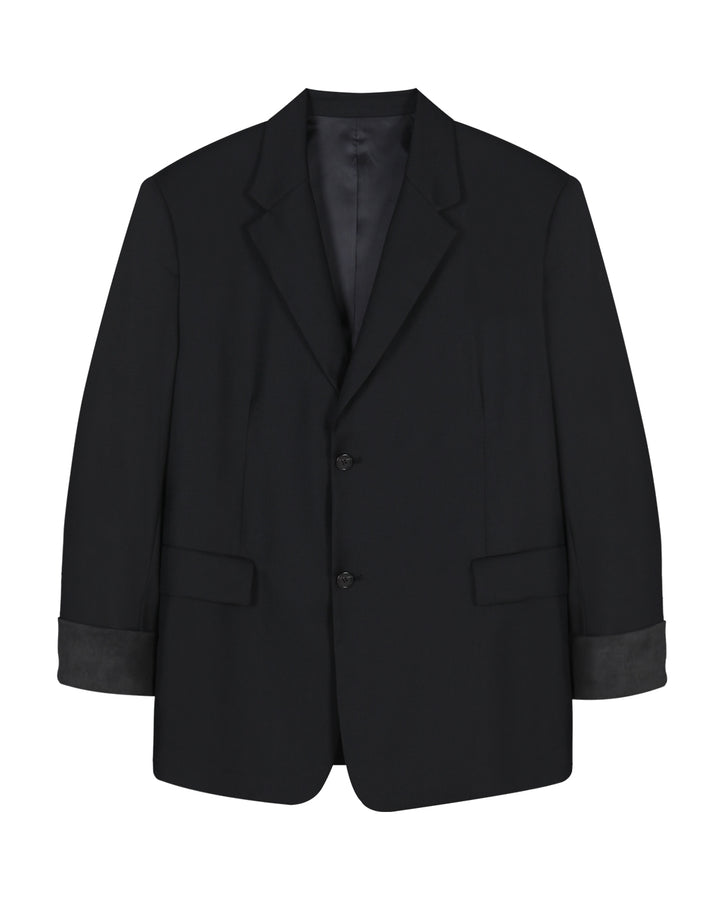 Leather Reveal Sleeve Wool Blazer_Black