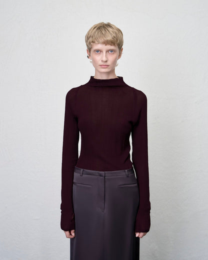 【ARIK. アリク AW】MINCHIR lettuce edge high neck knit top Burgundy Brown