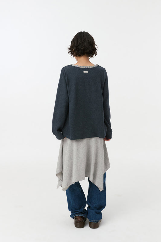FLORAL WOVEN PANEL LONG SLEEVE, NAVY