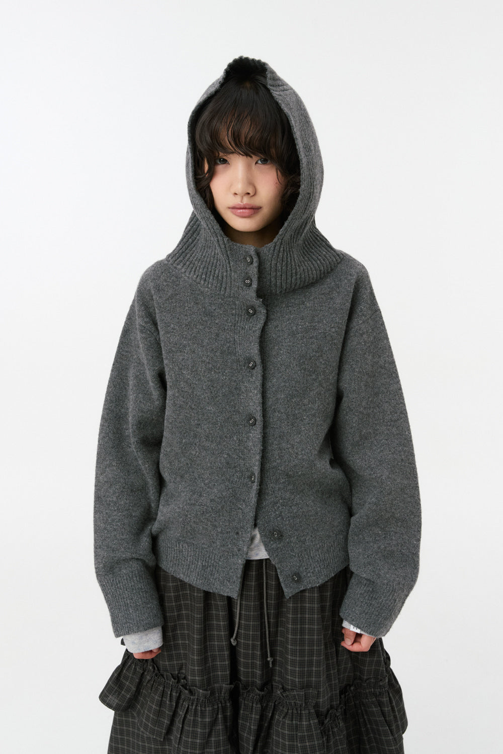 CROPPED HOODED HIGH NECK CARDIGAN, CHARCOAL
