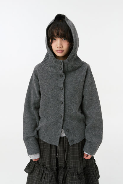 CROPPED HOODED HIGH NECK CARDIGAN, CHARCOAL