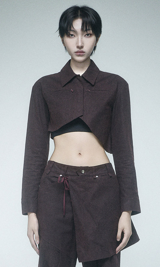 【Reculer レキュリー】Wrinkle R-crop shirts Burgundy