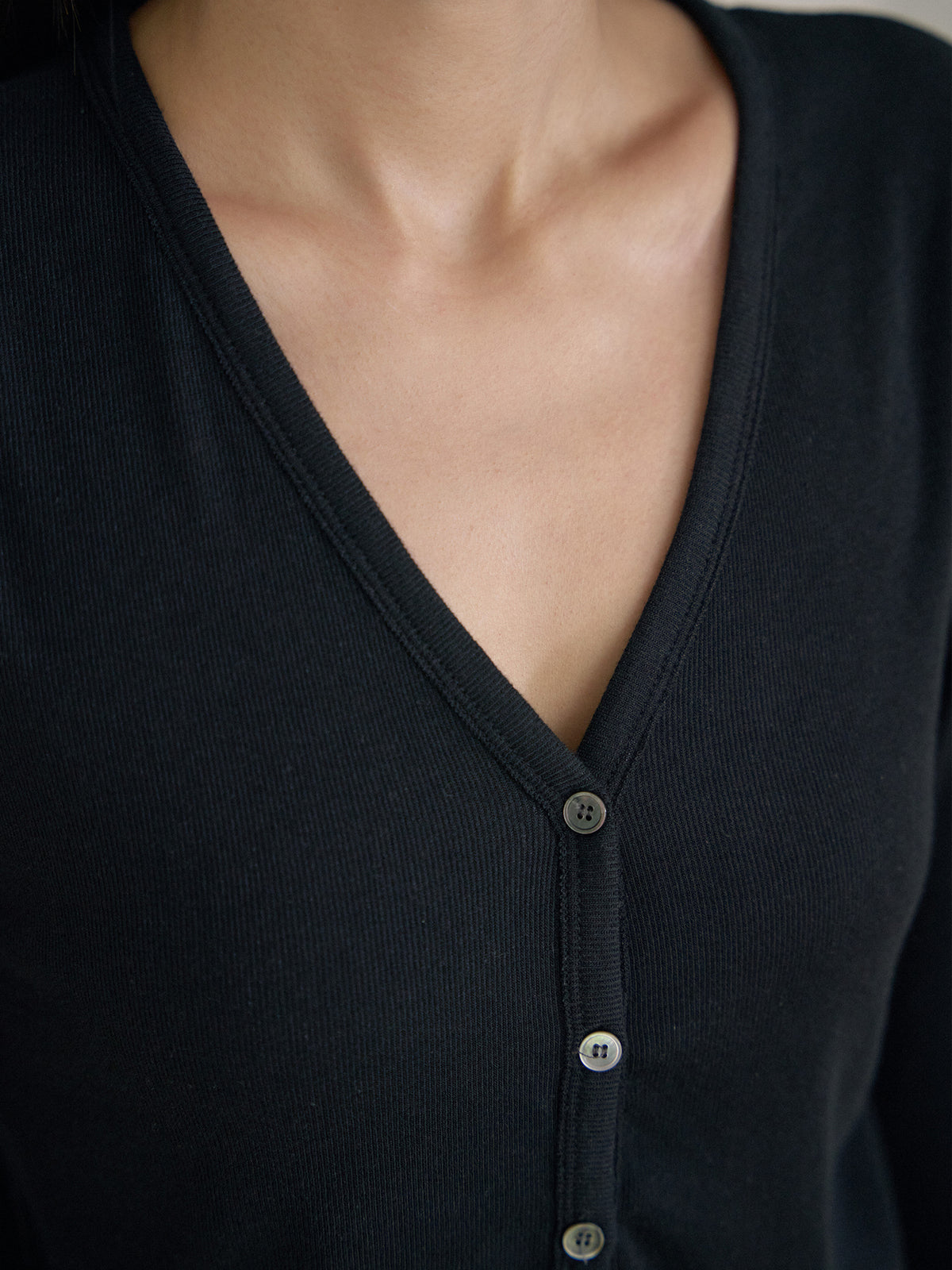 Wave V-neck Rib Cardigan - Black 11