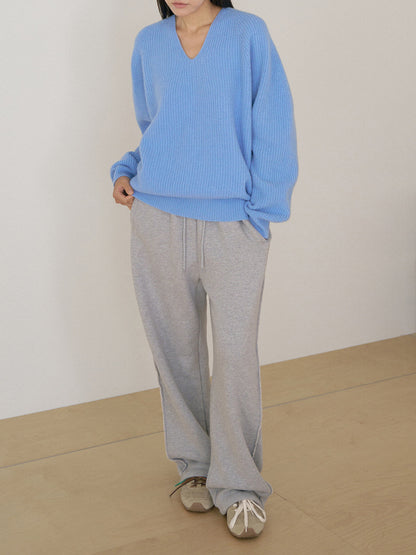 Wool V-neck Raglan Pullover - Blue 12