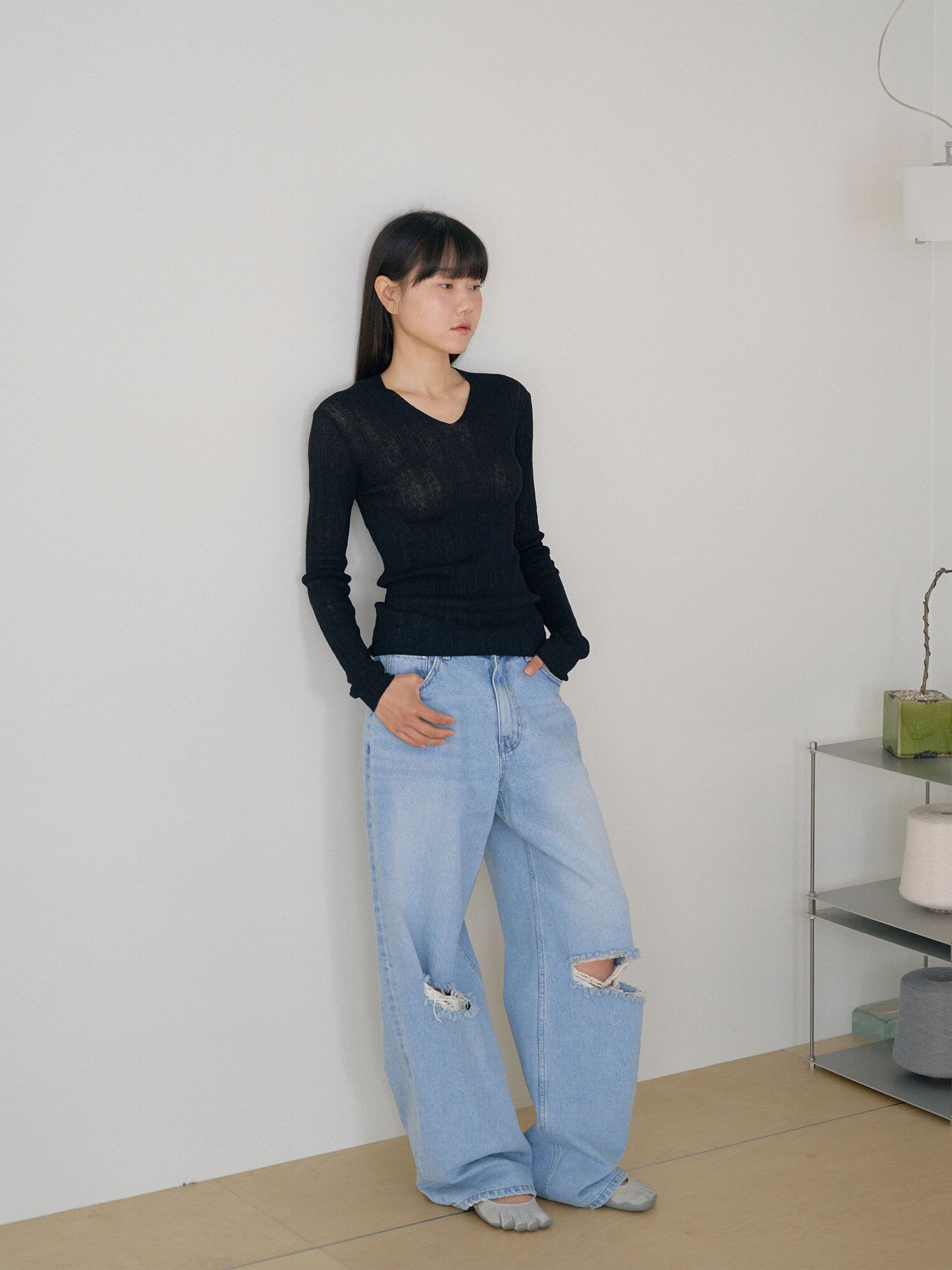 Multi Rib V-neck Pullover - Black