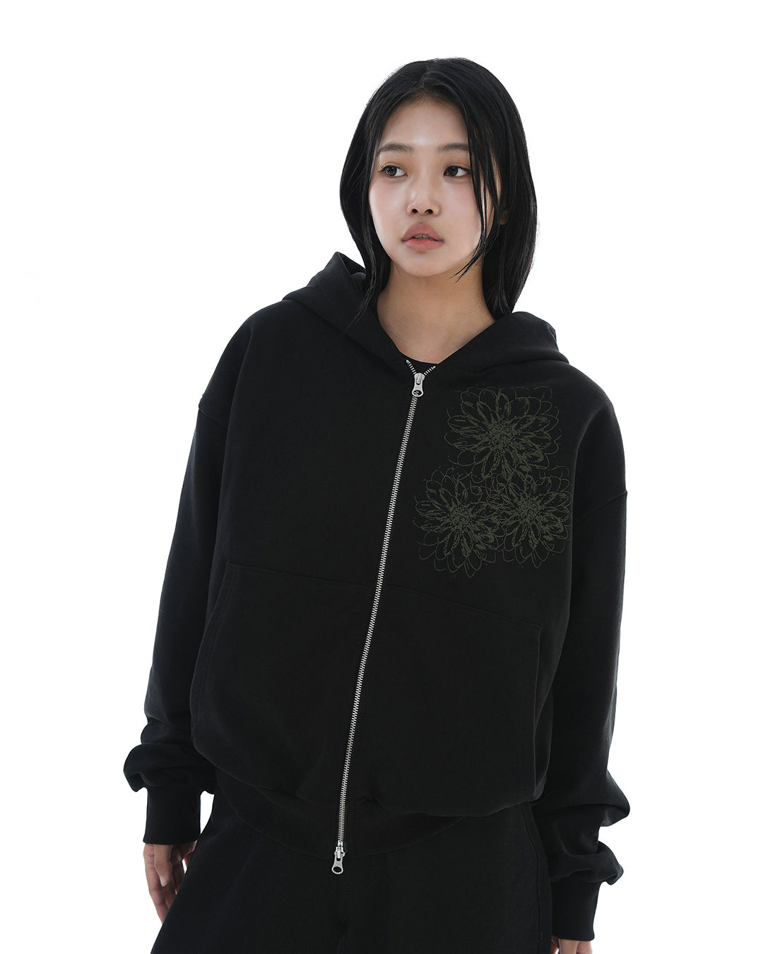 Trinity Flower Crop Hoodie Zip-up_Black 