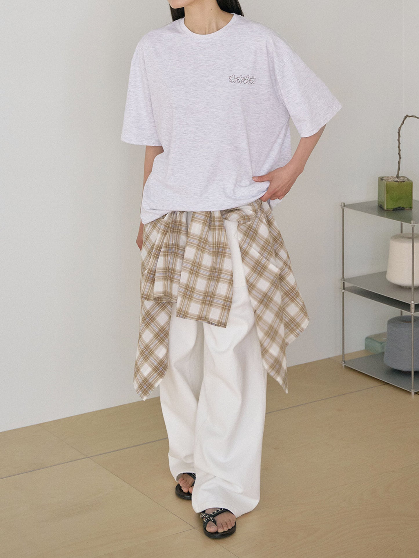 Flower Printing Short Sleeve - Light Gray