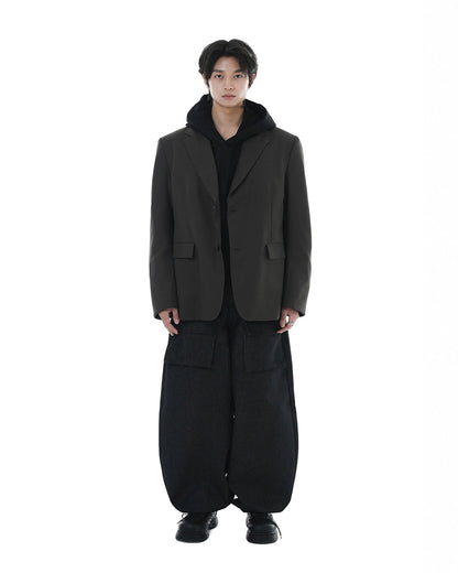 Leather Reveal Sleeve Wool Blazer_Khaki Brown