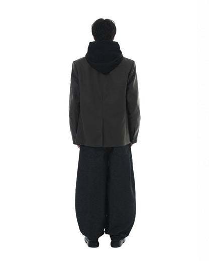Leather Reveal Sleeve Wool Blazer_Khaki Brown
