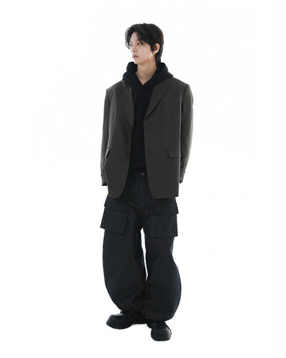 Leather Reveal Sleeve Wool Blazer_Khaki Brown