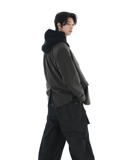 Leather Reveal Sleeve Wool Blazer_Khaki Brown