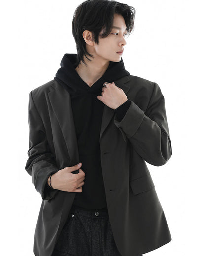Leather Reveal Sleeve Wool Blazer_Khaki Brown