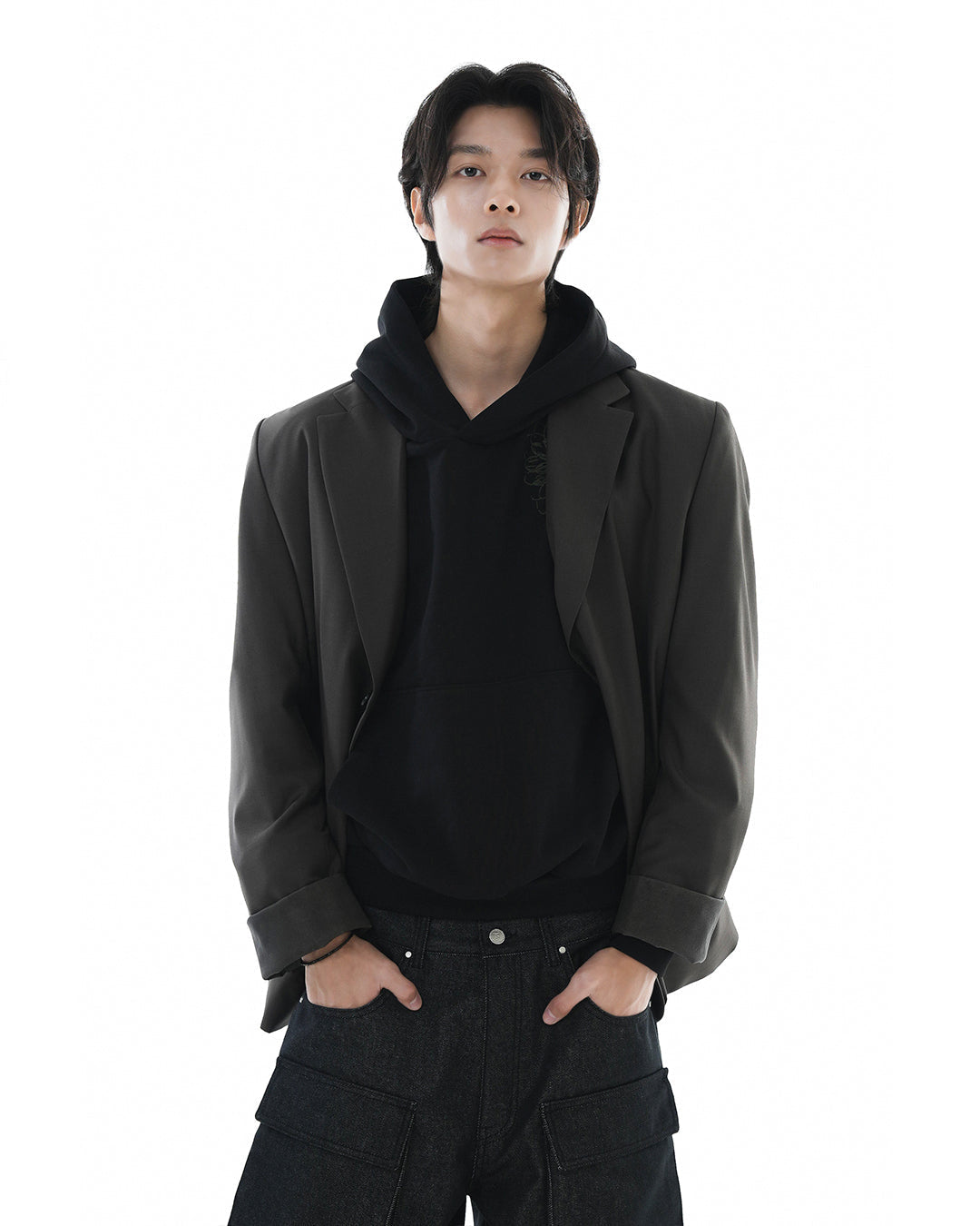 Leather Reveal Sleeve Wool Blazer_Khaki Brown