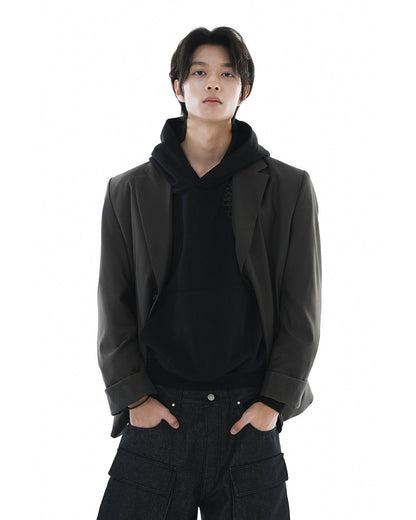 Leather Reveal Sleeve Wool Blazer_Khaki Brown