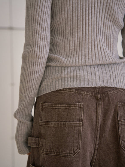 Double V-neck Rib Pullover - Gray 11