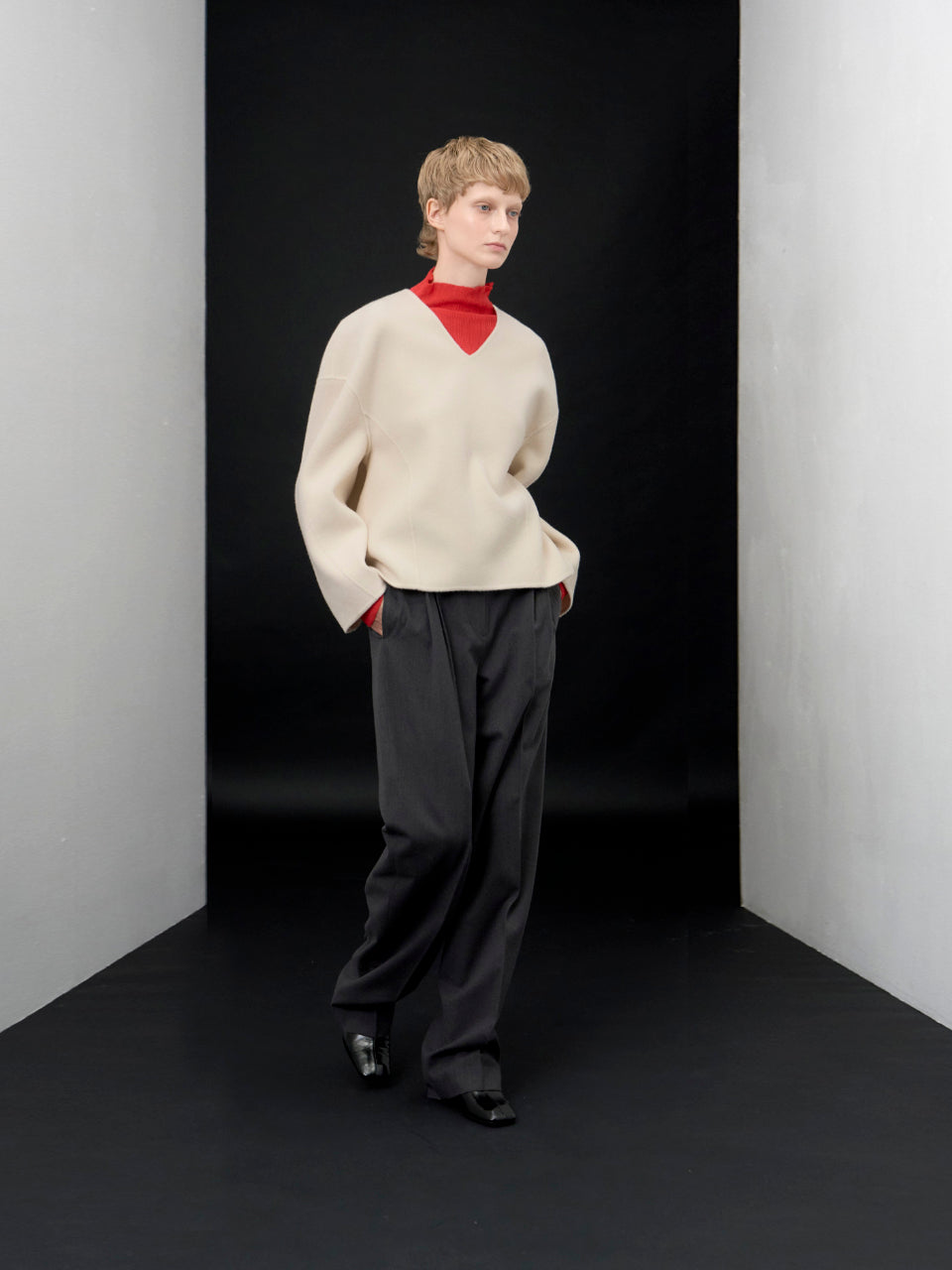【ARIK. アリク AW】Caph belted tuck wide pants Melange charcoal