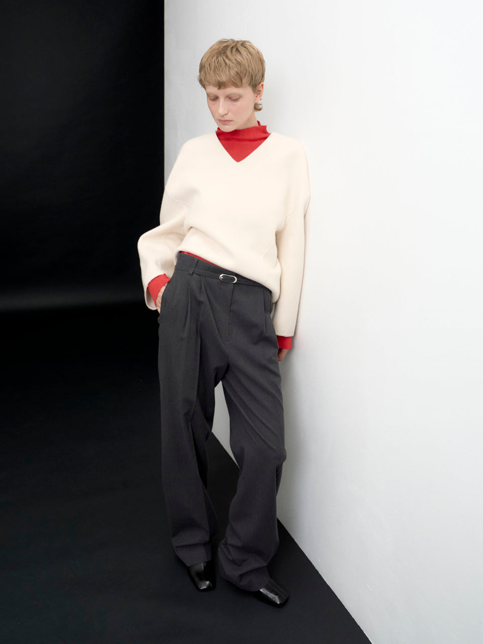 【ARIK. アリク AW】Caph belted tuck wide pants Melange charcoal
