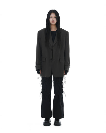Leather Reveal Sleeve Wool Blazer_Khaki Brown
