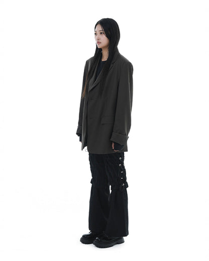 Leather Reveal Sleeve Wool Blazer_Khaki Brown