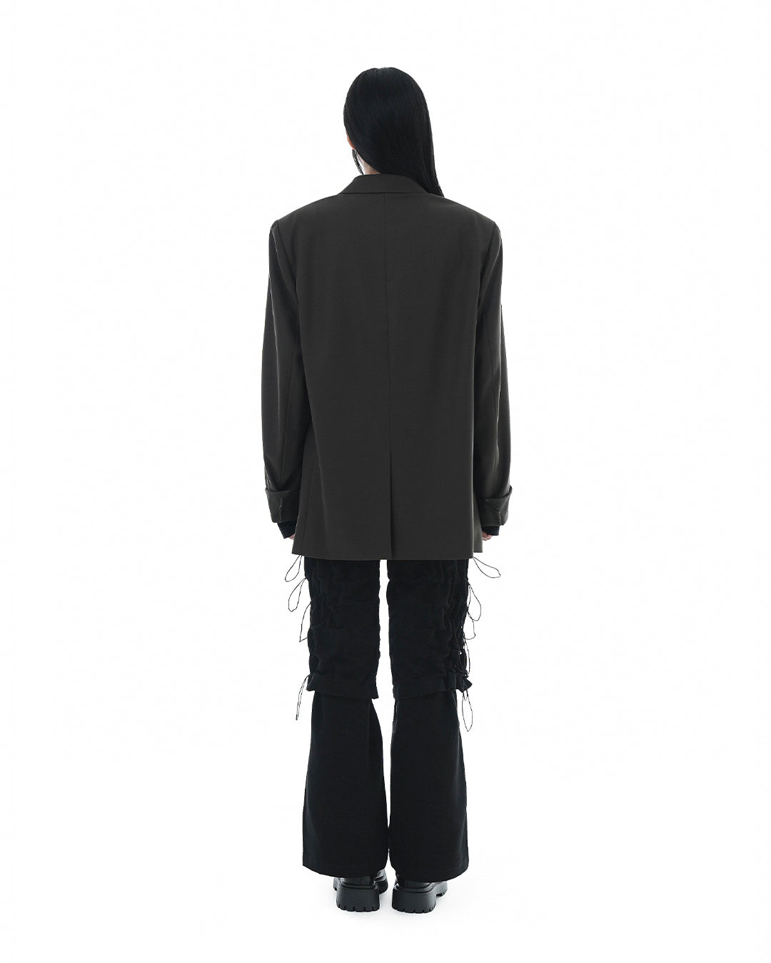 Leather Reveal Sleeve Wool Blazer_Khaki Brown