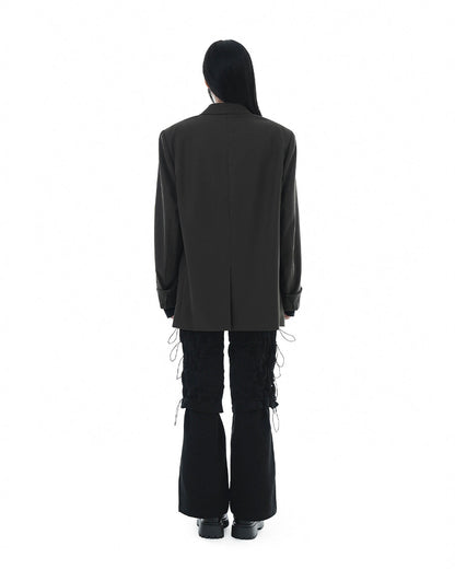 Leather Reveal Sleeve Wool Blazer_Khaki Brown