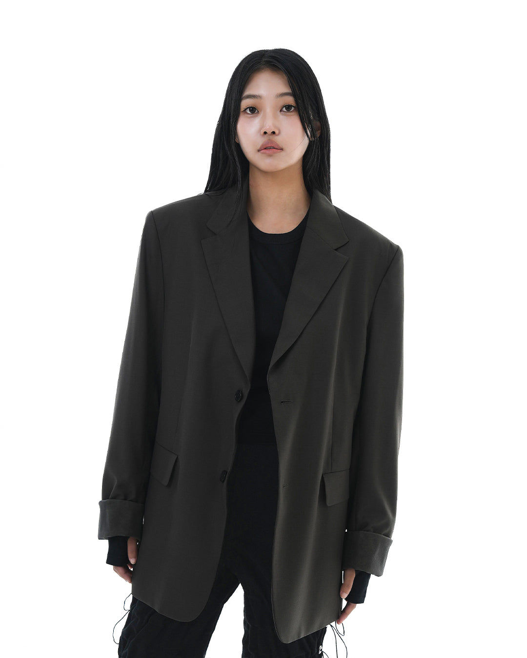 Leather Reveal Sleeve Wool Blazer_Khaki Brown