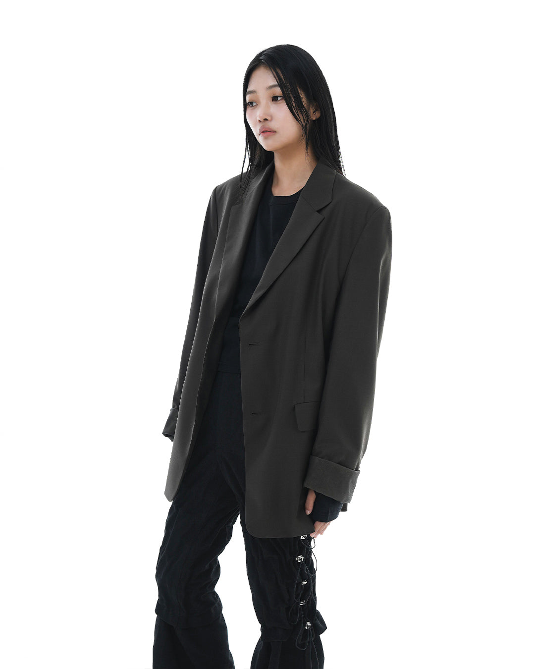 Leather Reveal Sleeve Wool Blazer_Khaki Brown