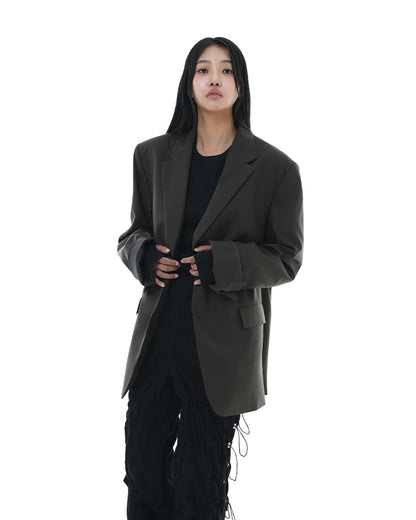 Leather Reveal Sleeve Wool Blazer_Khaki Brown