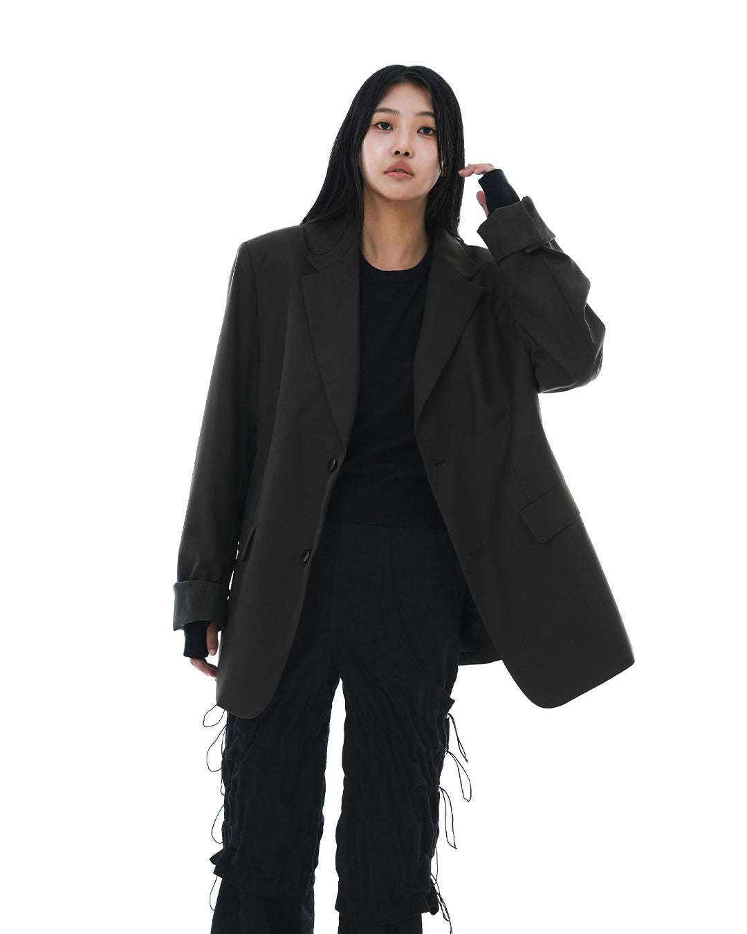 Leather Reveal Sleeve Wool Blazer_Khaki Brown